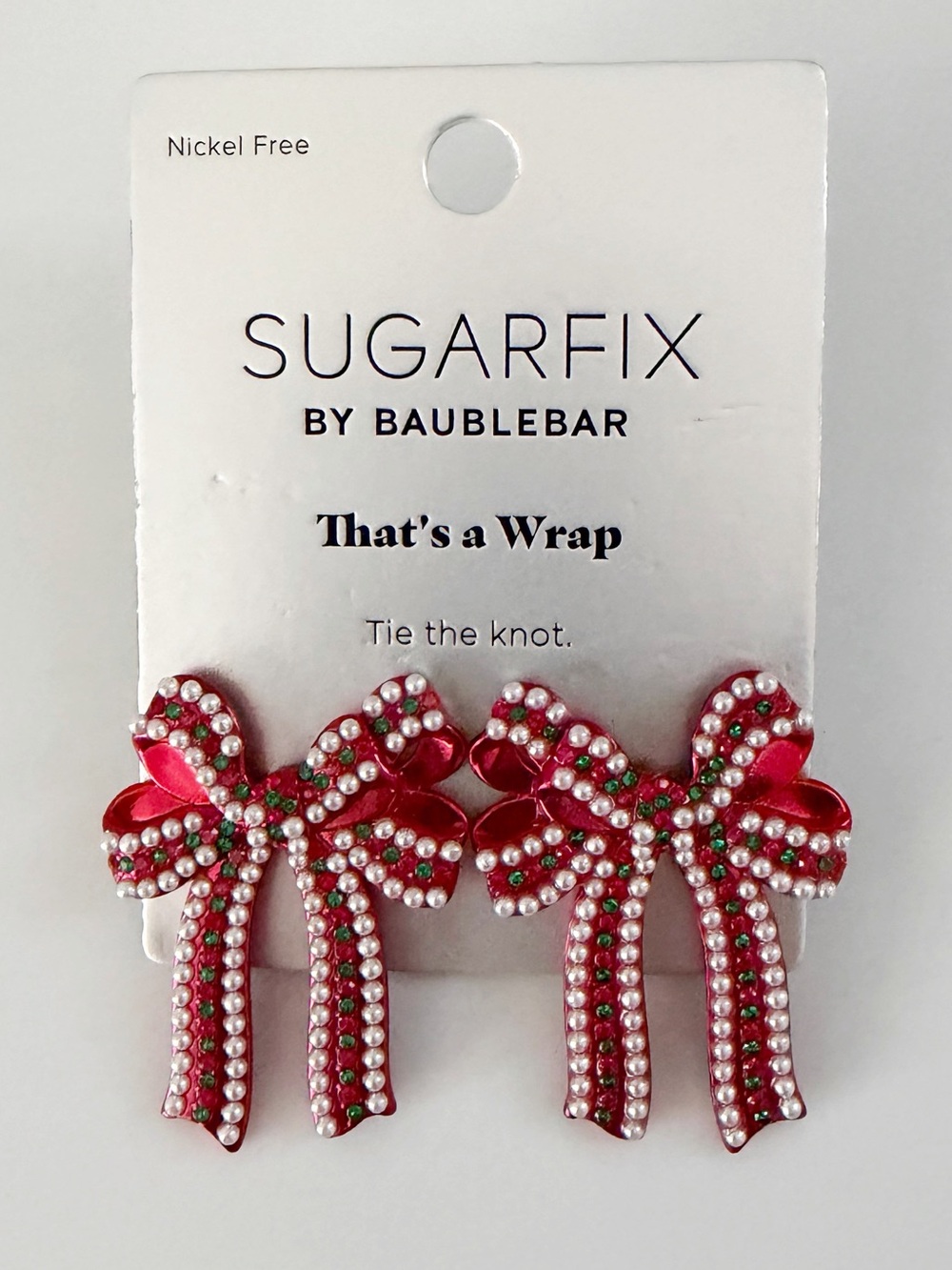 SUGARFIX by BaubleBar That's a Wrap Earrings Red Green Pearl Bow Ribbon Holiday